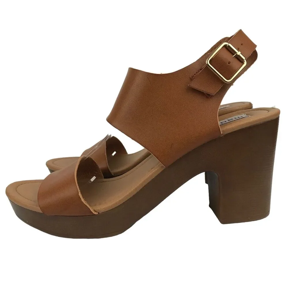 Madden Girl Platform Sandals Block Heel Brown Faux Leather Wood Look Retro Sz 10